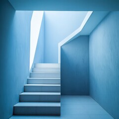 Obraz premium Bluetoned stairwell featuring a minimalist white staircase lit by sunlight from above in an architectural interior