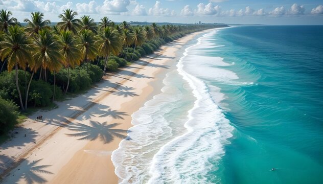 Tropical beach with palm trees and blue sea under sunny sky perfect for vacation and relaxation