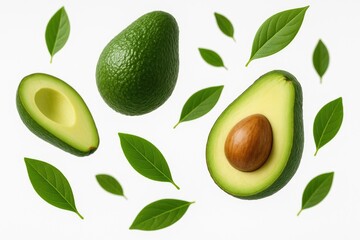 Vibrant fresh avocado with autumn leaves drifting around, whole and sliced on a plain white backdrop