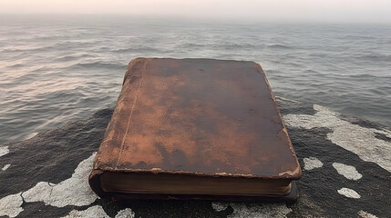 Ancient tome rests on rocky outcrop against misty ocean backdrop, evokes mystery