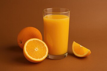 Juicy fresh orange beverage against a rustic brown backdrop