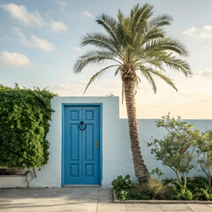 a blue door with a palm tree in front of it