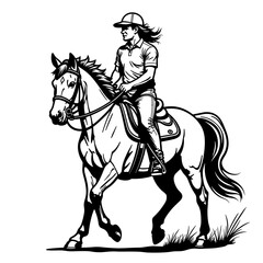 Fototapeta premium Horseback rider in line art style, equestrian adventure illustration