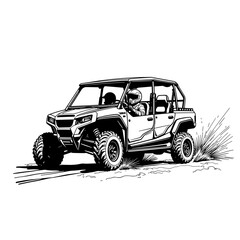 ATV off-road safari line art with helmeted driver, adventure illustration