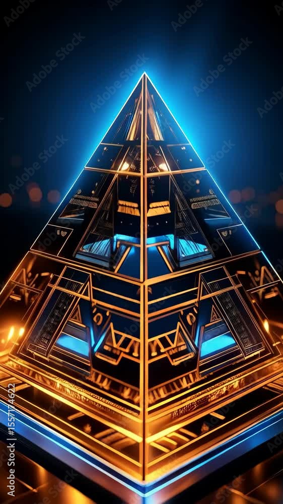 Poster futuristic golden pyramid structure with intricate patterns and a dark blue glow, reflecting on a gl