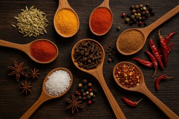 Detailed view of spices on a rustic wooden surface