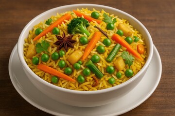 Fototapeta premium Detailed view of a flavorful vegetable rice dish presented in a white bowl on a plate
