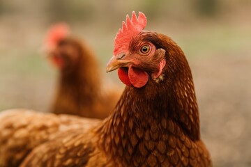 Detailed shot of a brown Sussex hen with a softly blurred backdrop