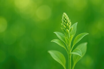 Naklejka premium Detailed shot of a garden flora with a stunning blurred background and soft focus. Bright green hues.