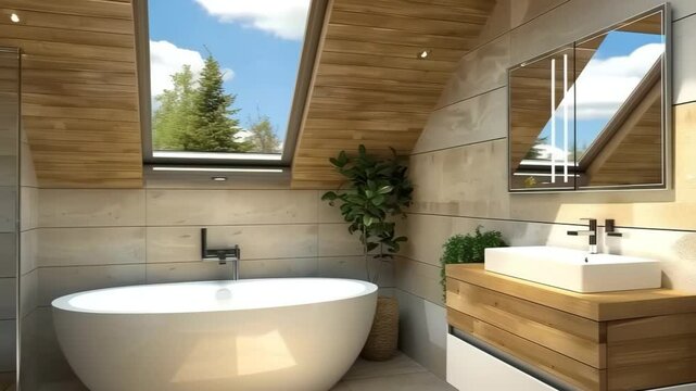 Modern bathroom interior with wooden accents and natural light from skylight window, showcasing contemporary design and fixtures