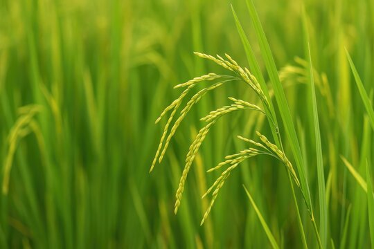 Detailed view of lush green rice plants in a thriving paddy field