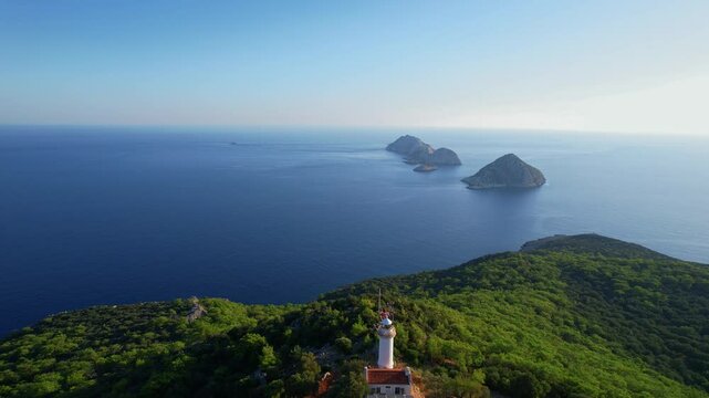 Aerial view Gelidonya lighthouse on Lycian Way Antalya, beautiful summer travel Turkey landscape