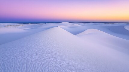 Sunrise over a vast expanse of white sand dunes, with soft pastel colors of purple and pink.