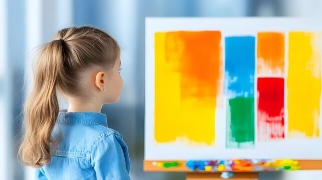 Girl admiring colorful painting, studio, art class