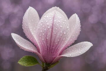 Fototapeta premium Detailed view of water droplets on a large flowering magnolia with a softly blurred violet background.