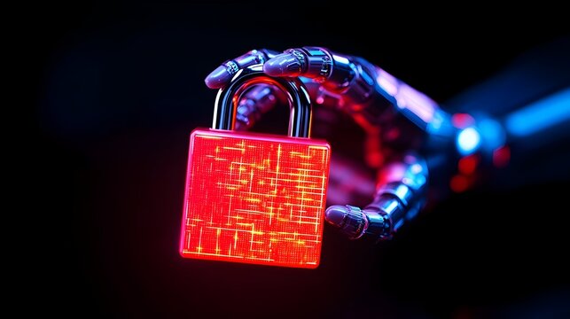 Robotic hand holding glowing padlock; cyber security - Powered by Adobe