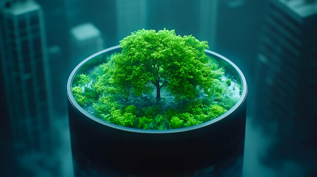 Rooftop tree, cityscape, eco-sustainability, miniature, environmental