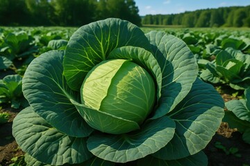 Detailed view of a healthy cabbage thriving in the farmland