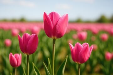 Obraz premium Macro shot of pink tulips with a blurred field behind, daytime outdoor setting