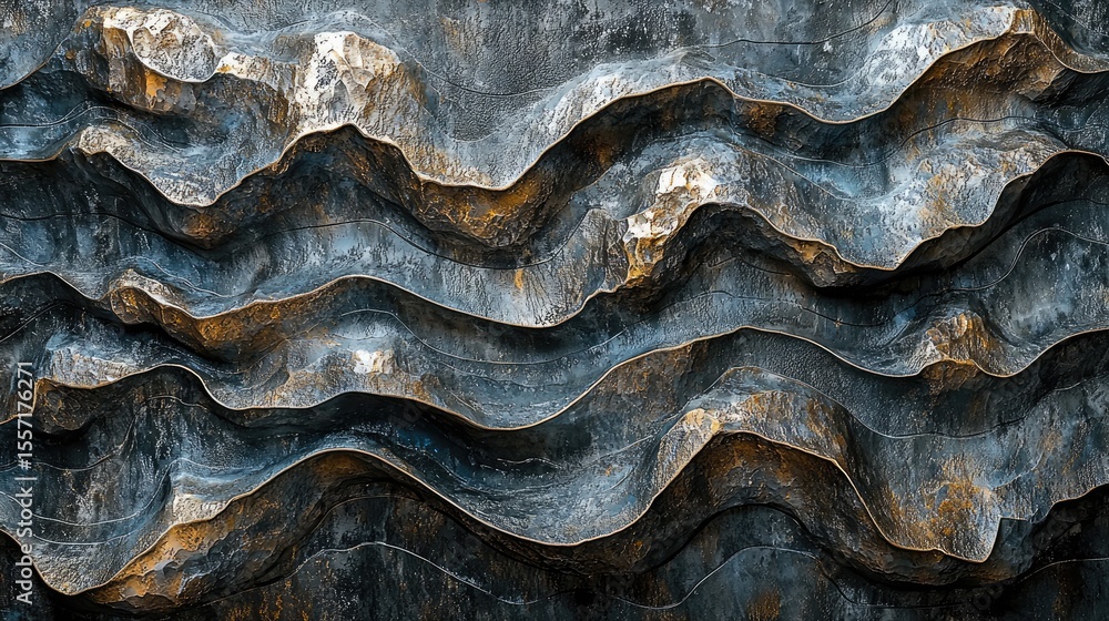 Poster abstract textured surface with undulating layers of dark gray and gold.