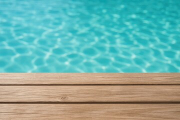 Detailed shot of a wooden plank near a swimming pool with blurred background