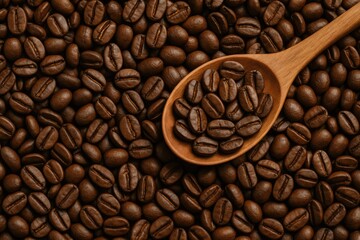 Fototapeta premium Detailed shot of roasted coffee beans with a wooden spoon, ideal for ads or backgrounds