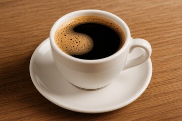 Fototapeta premium Detailed shot of a white coffee cup with light foam on a wooden table