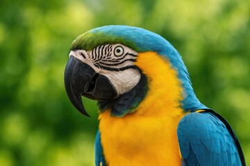Obraz premium Detailed shot of a vibrant blue and yellow macaw's head in a lush garden