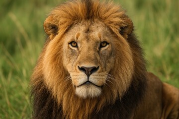 Intimate close-up of a majestic male African lion's face