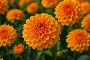 Detailed shot of a vibrant orange dahlia flower
