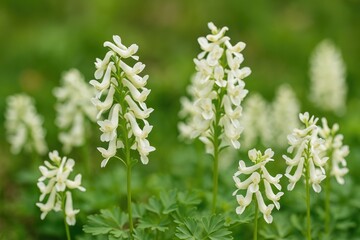 Fototapeta premium Detailed view of light-colored corydalis blossoms in full bloom
