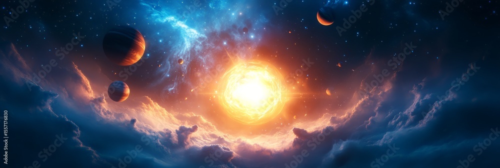 Poster planets are orbiting a dying star emitting intense light and energy, creating a breathtaking cosmic 