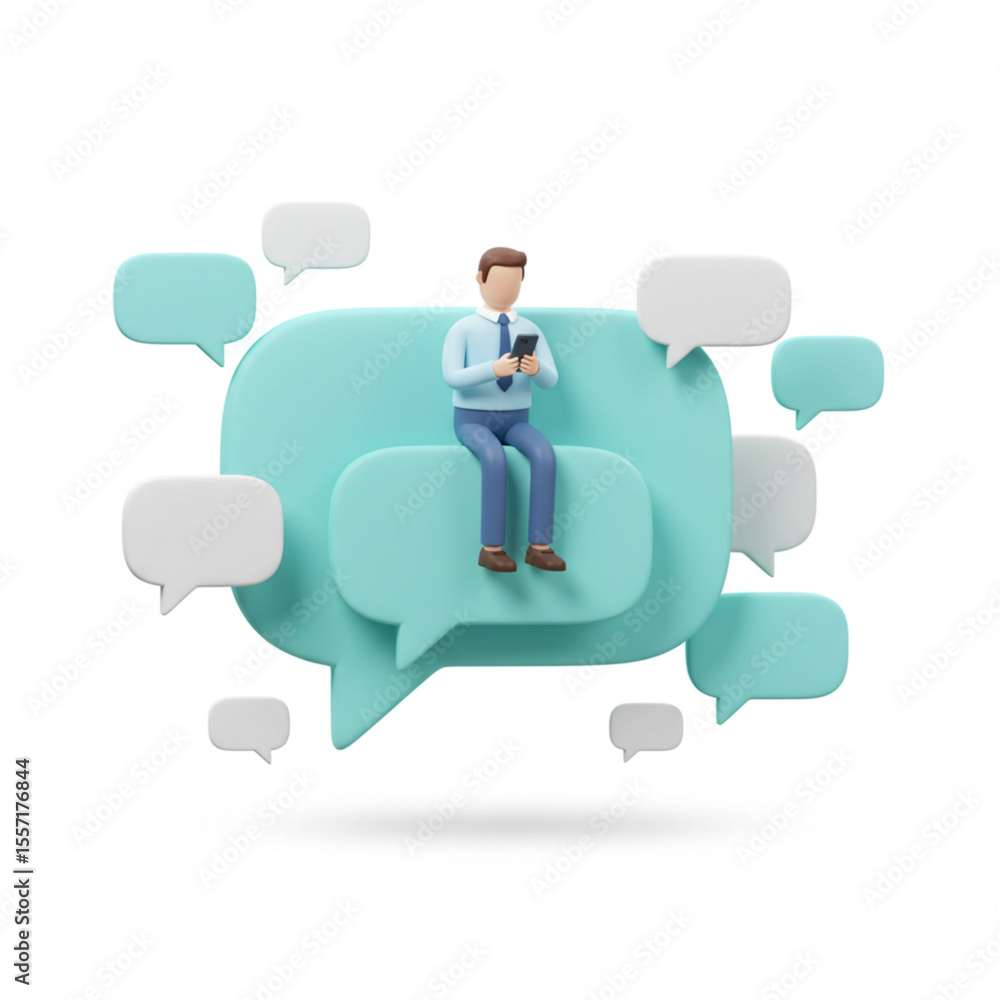 Poster 3d cartoon man sitting on large speech bubble using smartphone surrounded by smaller chat bubbles is