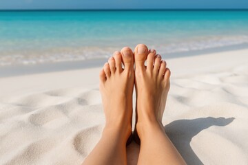 Detailed view of a woman's feet resting on a pristine sandy shoreline