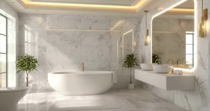 A luxurious bathroom interior design with a spacious modern layout, featuring elegant marble accents and natural light