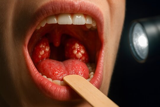 Close Up of Strep Throat Symptoms in Mouth with Inflamed Tonsils and White Patches Under Medical Light