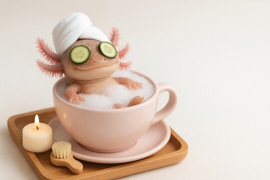 A cute pink axolotl enjoying a bubble bath, wearing a towel wrapped around its head and cucumber slices over its eyes. The scene is humorous and relaxing, combining elements of spa culture with an une