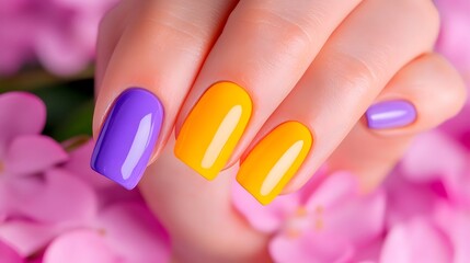 Woman's hand, purple-yellow nails, flowers, beauty, spring