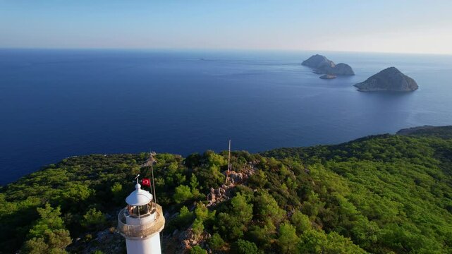 Gelidonya lighthouse Lycian Way in Antalya, Turkey Aerial top view. Concept beautiful summer landscape at sunset from drone