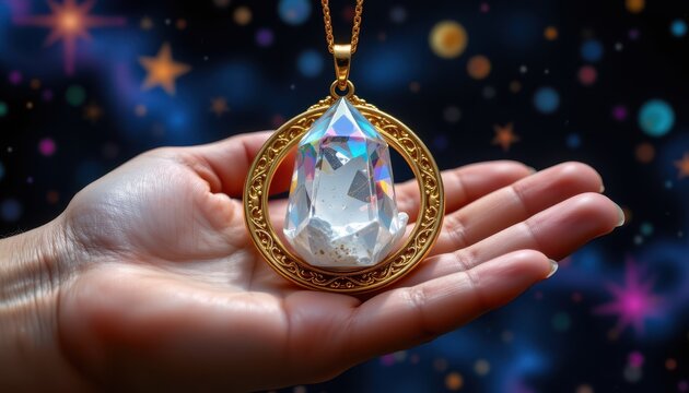 crystal for feng shui embedded in pendant on open palm, energy rings around it, cosmic themed starry background