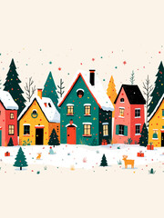 Obraz premium Cute hand drawn houses with Christmas decoration, horizontal seamless, great for textiles, banners, wallpapers 