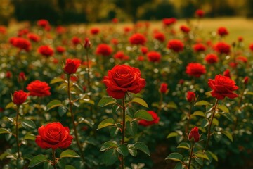 Vivid red blossoms in a lush park setting