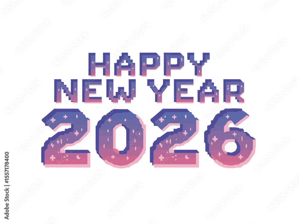 Poster happy new year 2026 text with blocky 8 bit font on white background