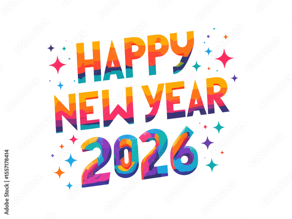 Poster happy new year 2026 text with blocky 8 bit font on white background