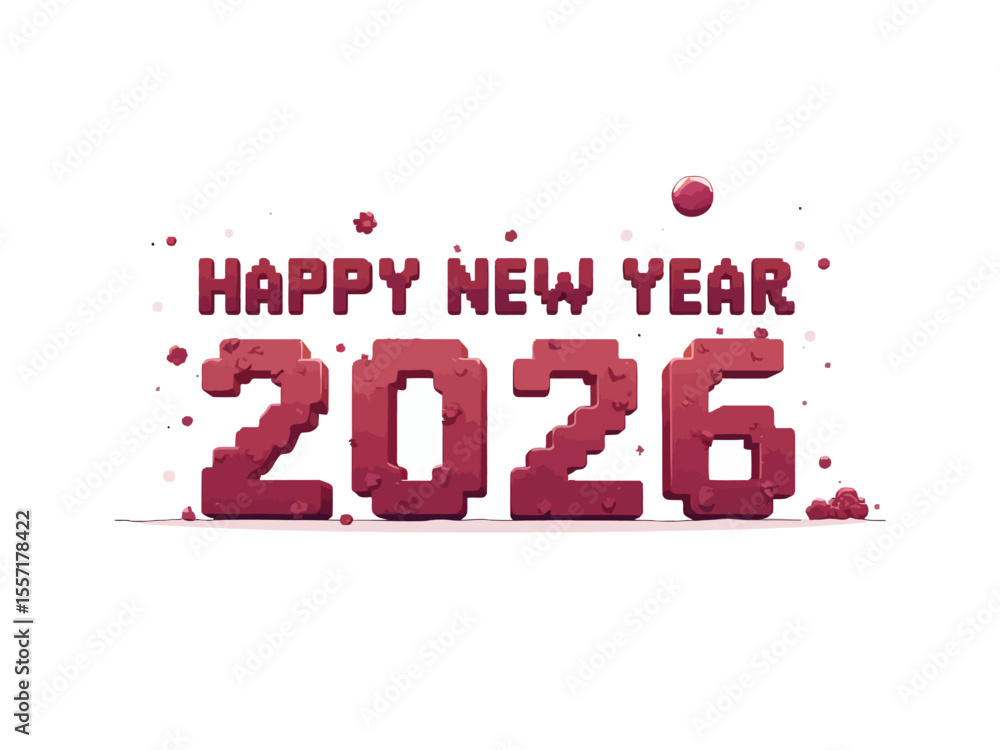 Poster happy new year 2026 text with blocky 8 bit font on white background