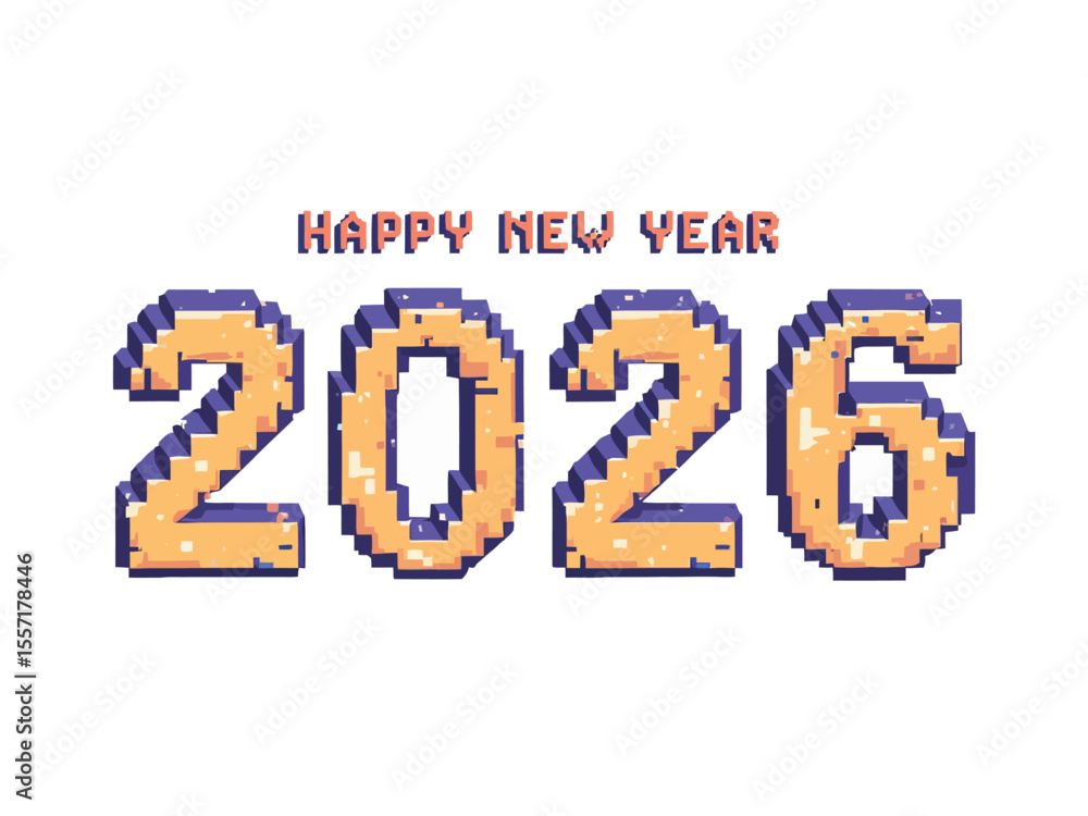 Aufkleber happy new year 2026 text with blocky 8 bit font on white background