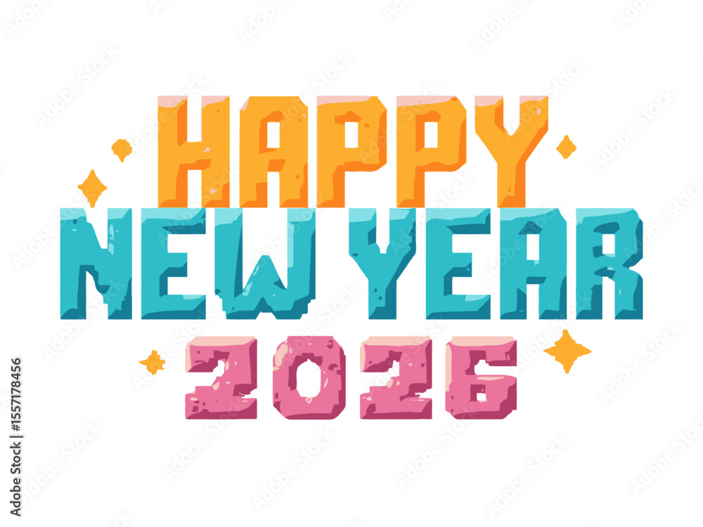 Poster happy new year 2026 text with blocky 8 bit font on white background