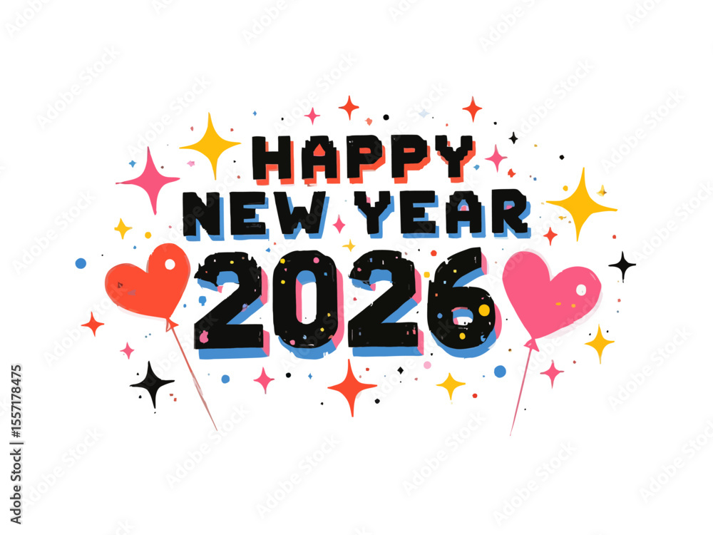 Poster happy new year 2026 text with blocky 8 bit font on white background