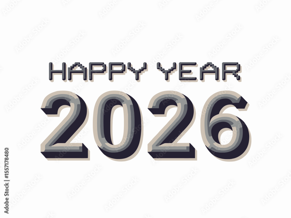 Aufkleber happy new year 2026 text with blocky 8 bit font on white background