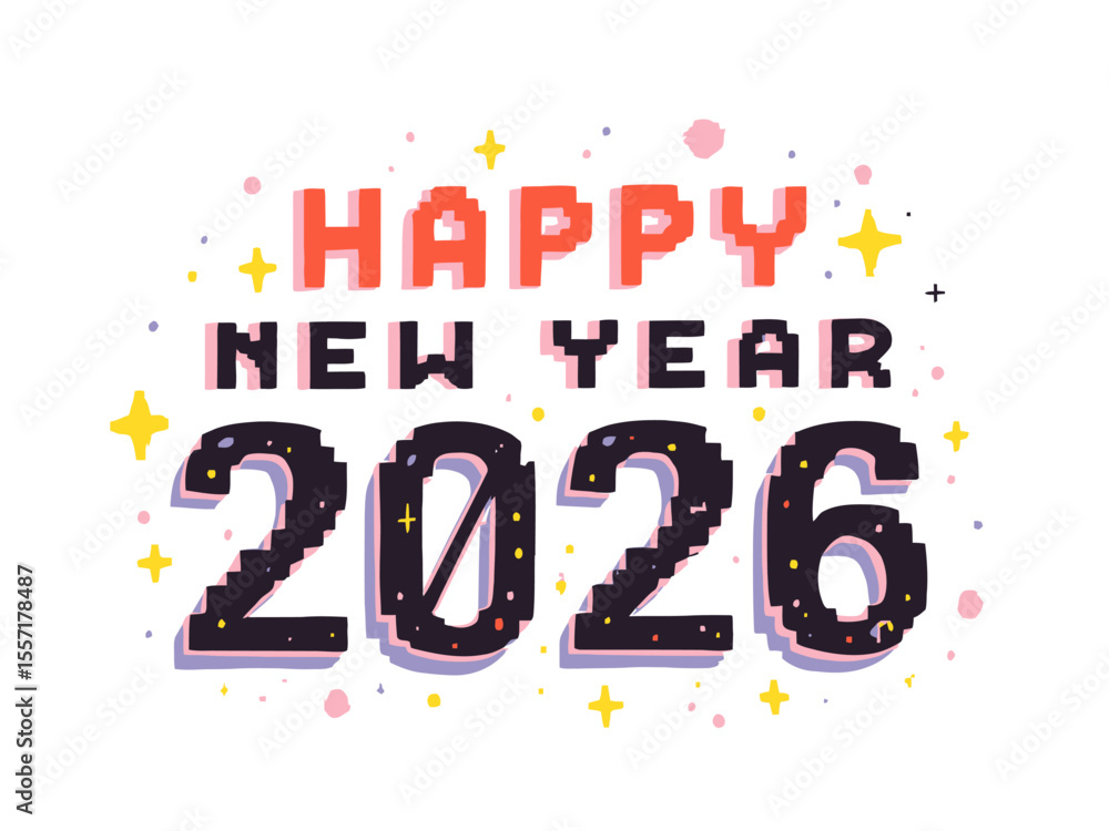 Fototapete happy new year 2026 text with blocky 8 bit font on white background
